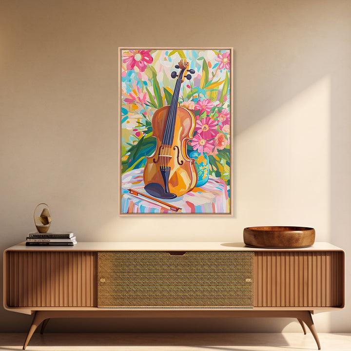 Violin With Pink Garden Flowers Framed Canvas Print, Music Wall Art, Floral Wall Decor, Gift For Music Lover, Fine Art Print