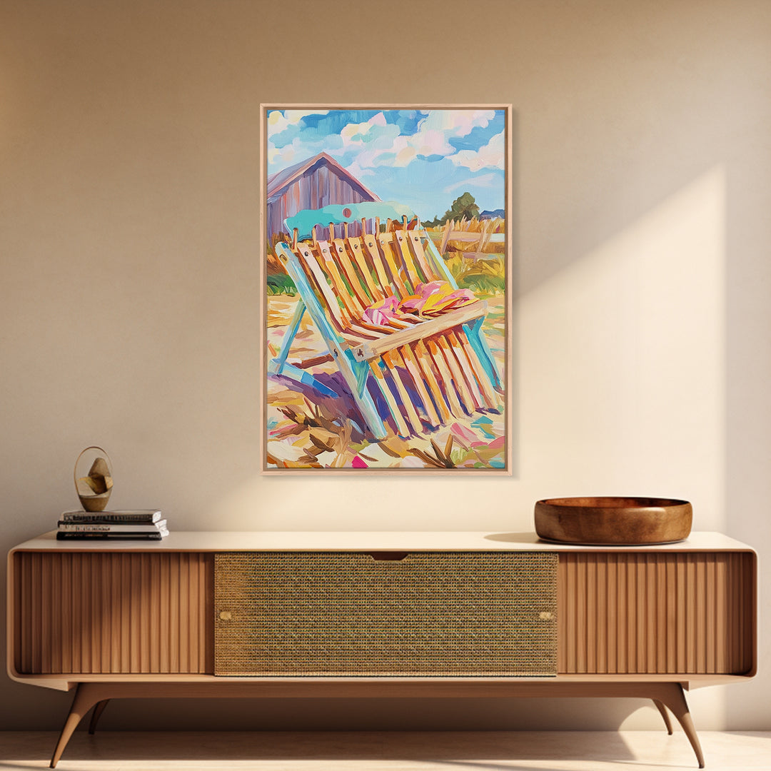 Striped Beach Chair By Rustic Barn Framed Canvas Print, Coastal Farmhouse Wall Art, Summer Patio Decor, Beach House Gift