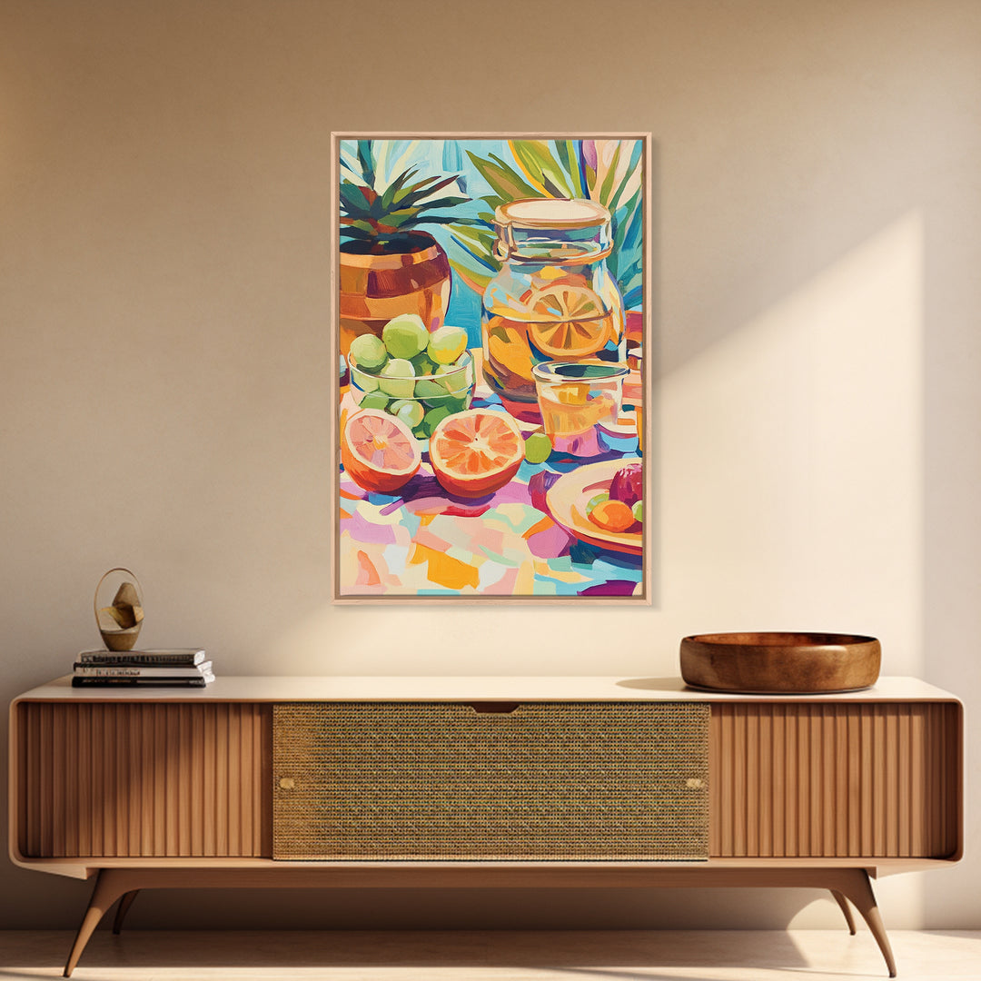 Sunlit Citrus Jar With Limes And Grapefruit Canvas Print, Colorful Kitchen Wall Art, Tropical Home Decor, Food Art Print