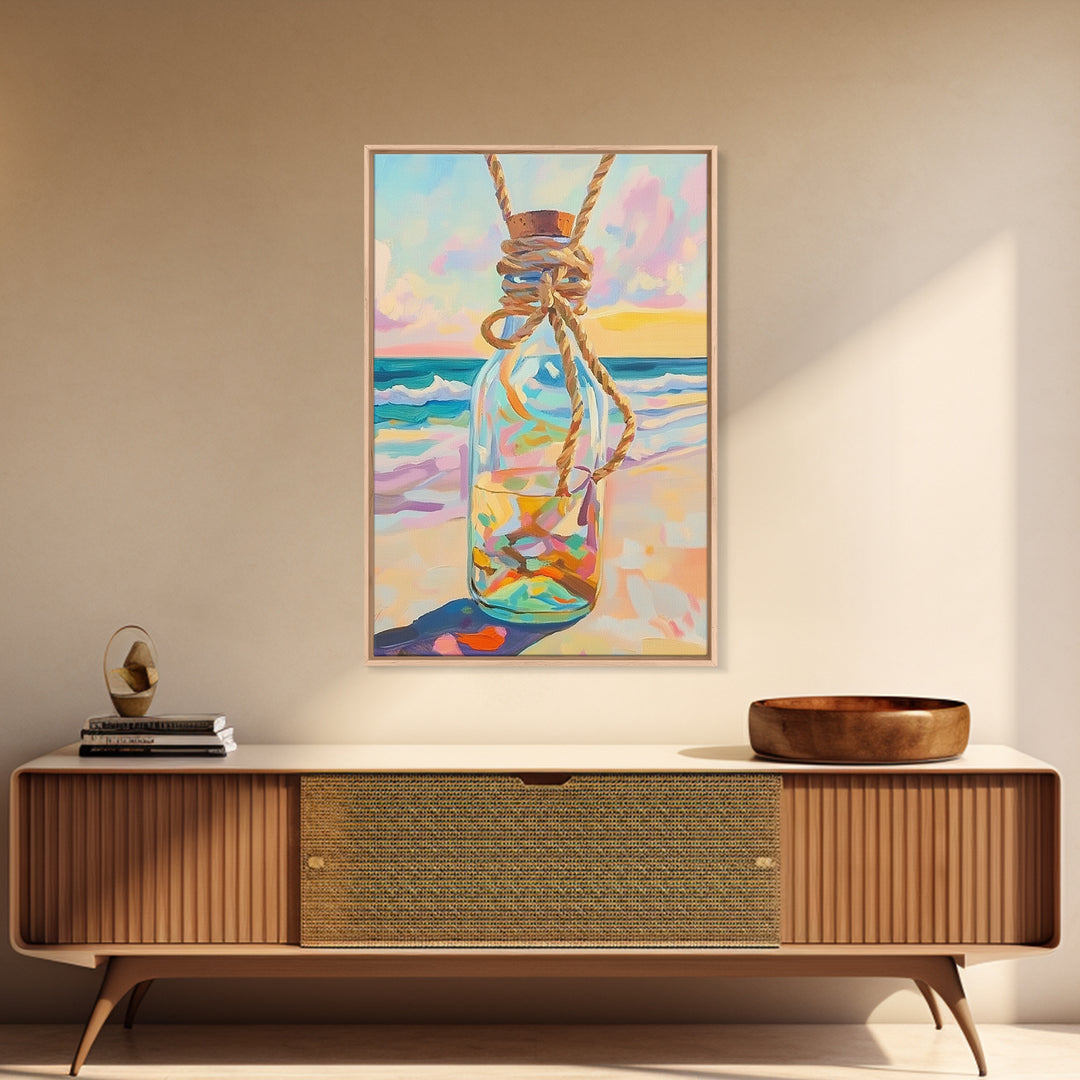 Glass Message Bottle Tied With Rope Canvas Print, Coastal Wall Art, Beach House Decor, Ocean Sunset Print, Nautical Gift