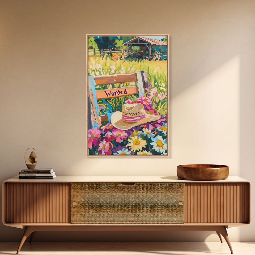 Cowboy Hat Wanted Bench Wall Art, Western Wildflower Farm Decor, Rustic Ranch Canvas Print, Country Housewarming Gift, Wall Decor