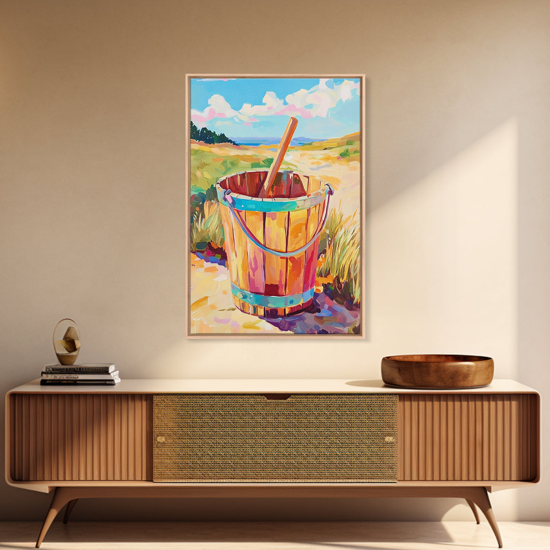Wooden Beach Bucket And Dunes Wall Art, Coastal Canvas Print, Nautical Beach House Decor, Summer Seascape Gift, Ocean Wall Decor