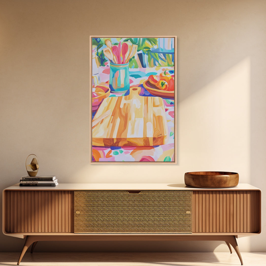 Sunlit Cutting Board Kitchen Wall Art, Colorful Tomato Still Life Canvas Print, Farmhouse Kitchen Decor, Food Lover Gift