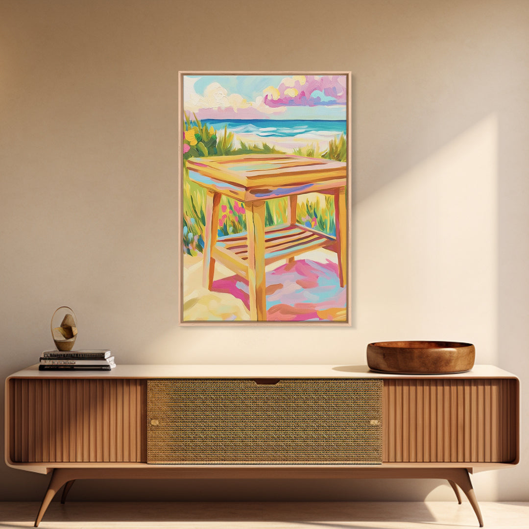 Sunny Beachside Wooden Table Canvas Print, Coastal Wall Art, Ocean Landscape Decor, Beach House Decor, Housewarming Gift