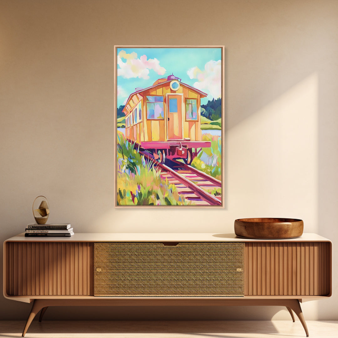 Yellow Railcar On Meadow Tracks Wall Art, Whimsical Travel Poster, Colorful Landscape Canvas Print, Eclectic Home Decor Gift