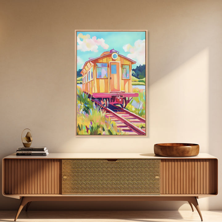 Yellow Railcar On Meadow Tracks Wall Art, Whimsical Travel Poster, Colorful Landscape Canvas Print, Eclectic Home Decor Gift