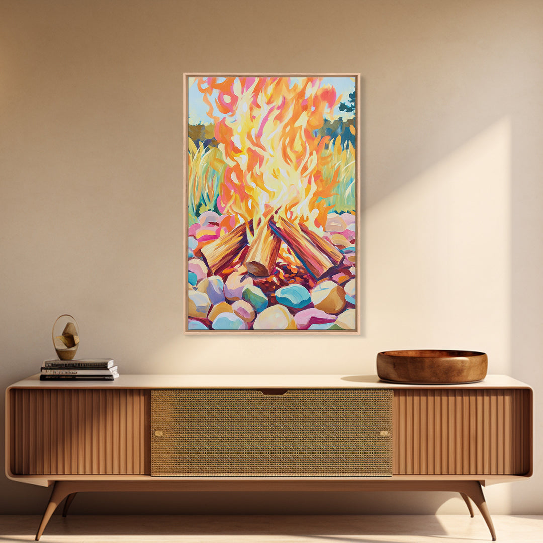 Vibrant Campfire With Painted River Stones Canvas Print, Cozy Wall Art, Cabin Decor, Rustic Outdoor Home Decor Gift For Him