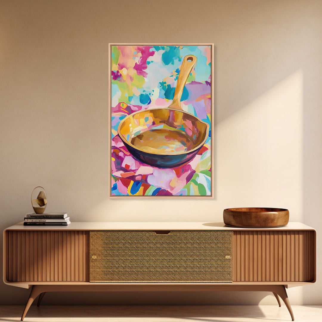 Golden Skillet Pan On Bright Cloth Canvas Print, Colorful Kitchen Wall Art, Foodie Home Decor, Housewarming Gift, Art Print