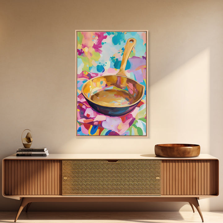 Golden Skillet Pan On Bright Cloth Canvas Print, Colorful Kitchen Wall Art, Foodie Home Decor, Housewarming Gift, Art Print