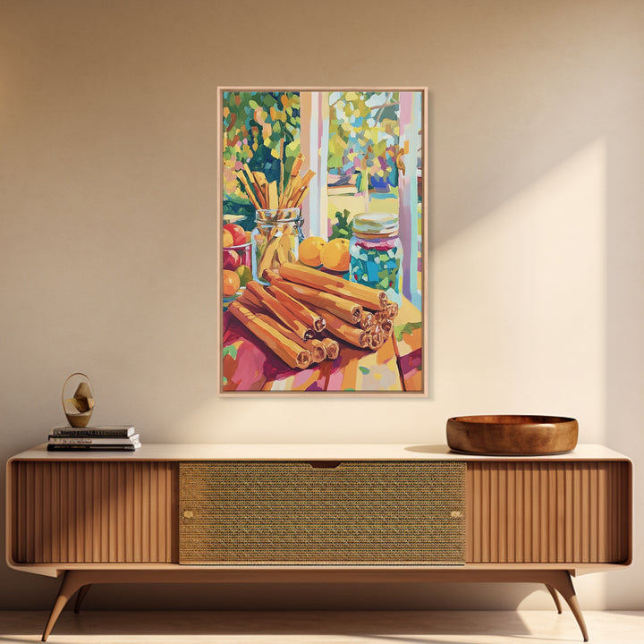 Cinnamon Sticks By Sunny Window Canvas Print, Colorful Kitchen Wall Art, Rustic Farmhouse Decor, Cozy Foodie Housewarming Gift