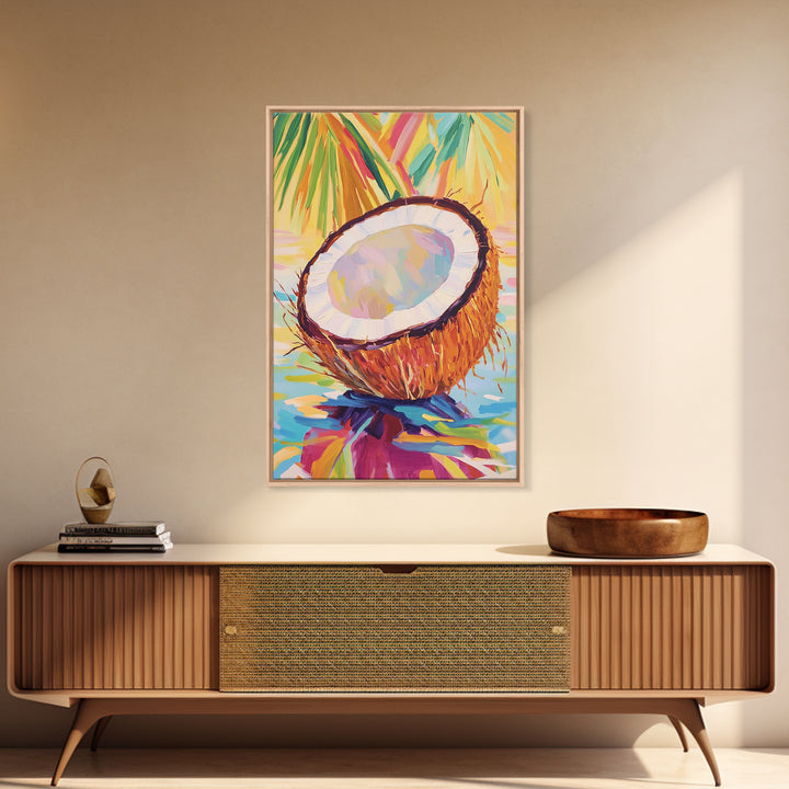 Tropical Coconut Half With Palm Leaves Canvas Print, Coastal Wall Art, Beach House Decor, Colorful Kitchen Art, Summer Gift