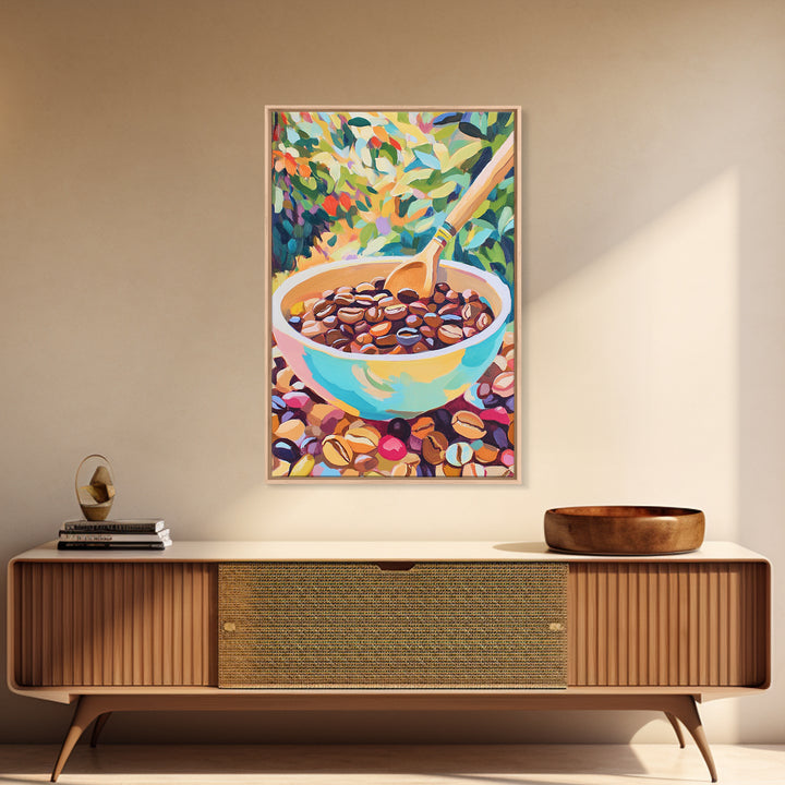 Vibrant Coffee Beans In Ceramic Bowl Canvas Print, Kitchen Wall Art, Coffee Bar Decor, Cafe Poster, Foodie Housewarming Gift