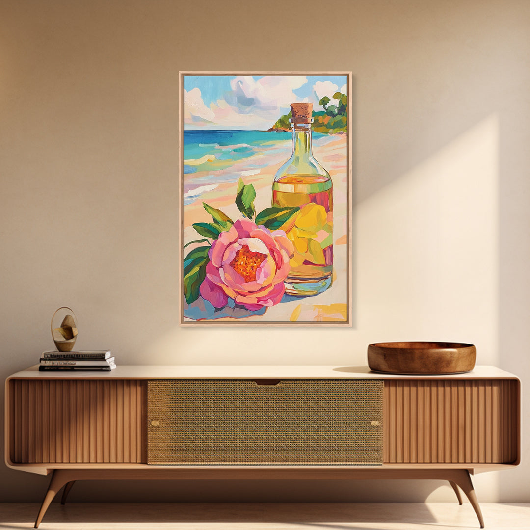 Beach Flower And Glass Bottle Canvas Print, Coastal Wall Art, Tropical Home Decor, Ocean Wall Decor, Summer Kitchen Art Print