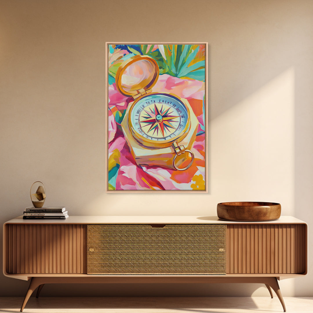 Golden Compass On Pink Tropical Cloth Canvas Print, Travel Wall Art, Coastal Decor, Nautical Poster, Adventure Gift For Her