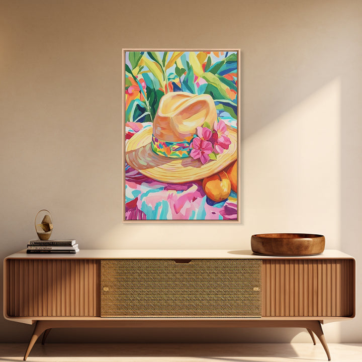 Straw Sun Hat With Pink Flowers Canvas Print, Tropical Wall Art, Coastal Cowgirl Decor, Summer Home Decor Art Gift For Her