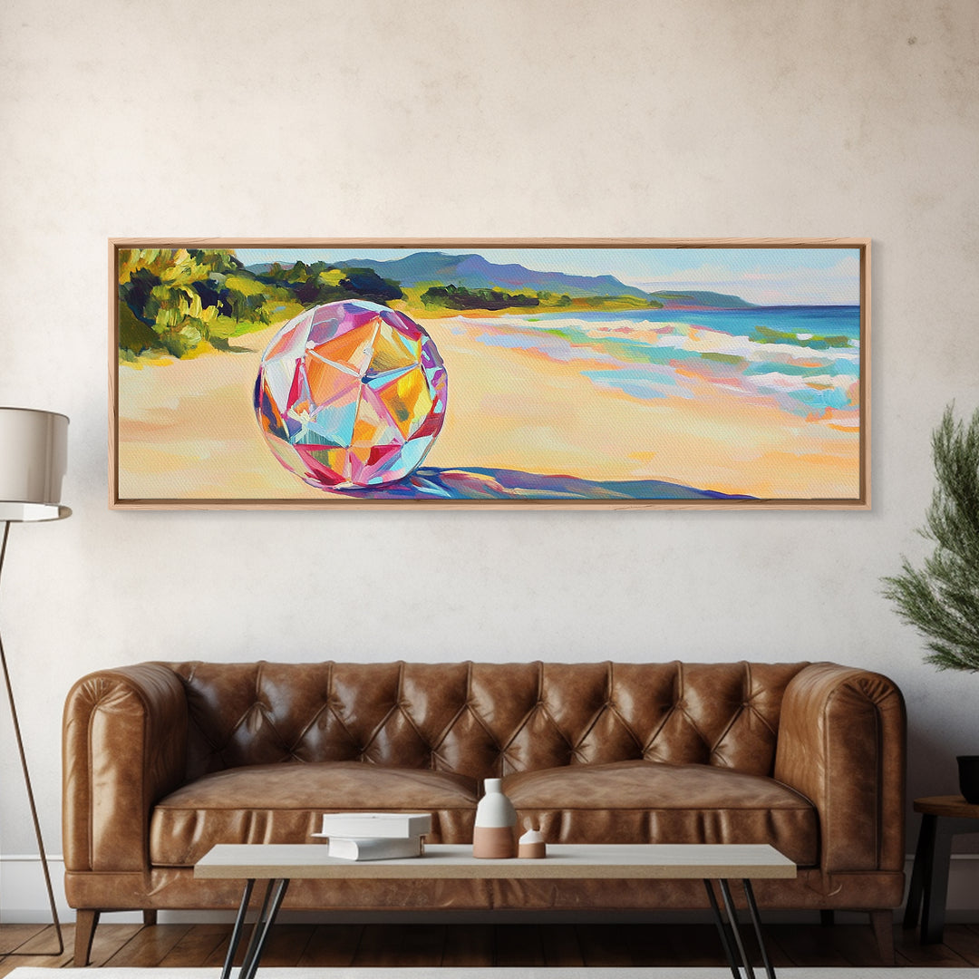 Prismatic Beach Ball On Tropical Shore Canvas Print, Coastal Wall Art, Beach House Decor, Ocean Wall Decor, Summer Vibes