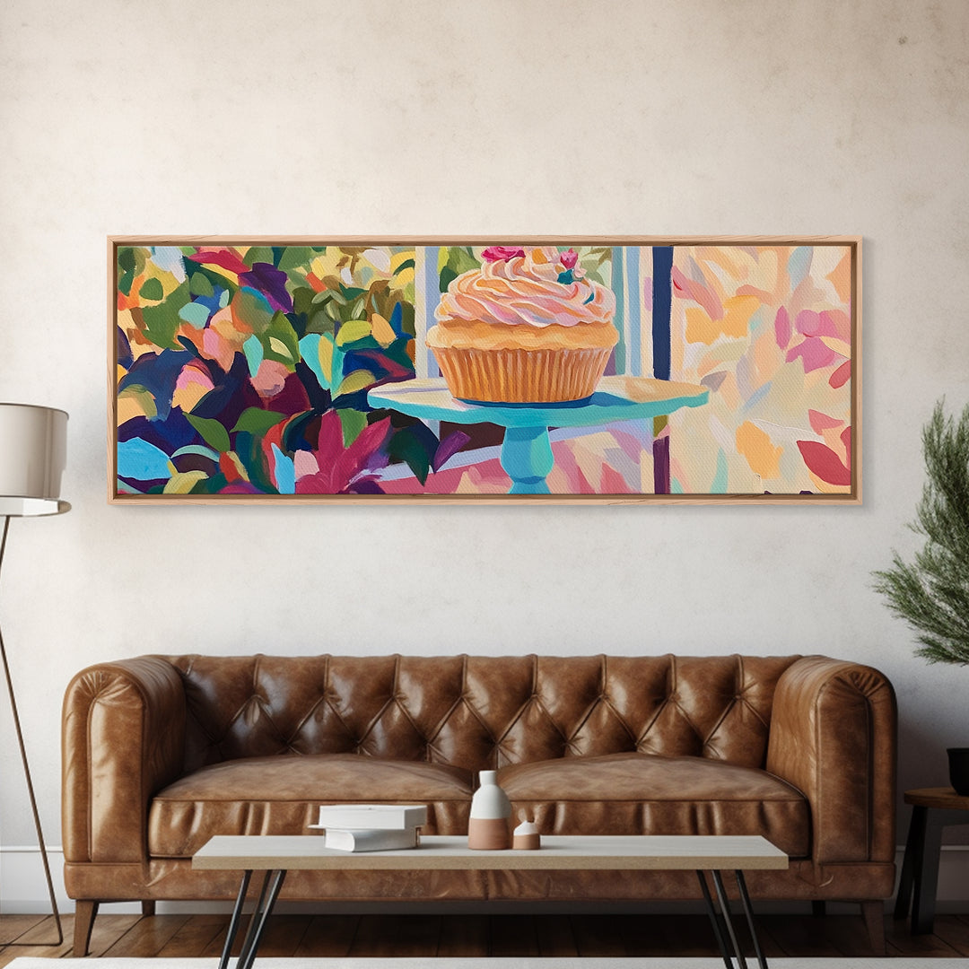 Pink Frosted Cupcake On Cake Stand Canvas Print, Bakery Wall Art, Cute Kitchen Decor, Dessert Art, Gift For Baker, Coffee Shop Decor