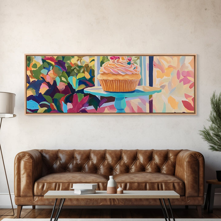 Pink Frosted Cupcake On Cake Stand Canvas Print, Bakery Wall Art, Cute Kitchen Decor, Dessert Art, Gift For Baker, Coffee Shop Decor