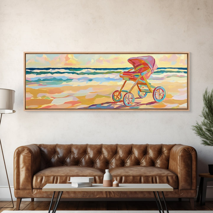 Pink Baby Stroller On Sunny Beach Wall Art, Coastal Nursery Decor, Ocean Canvas Print, Baby Shower Gift For Girl, Beach House Decor