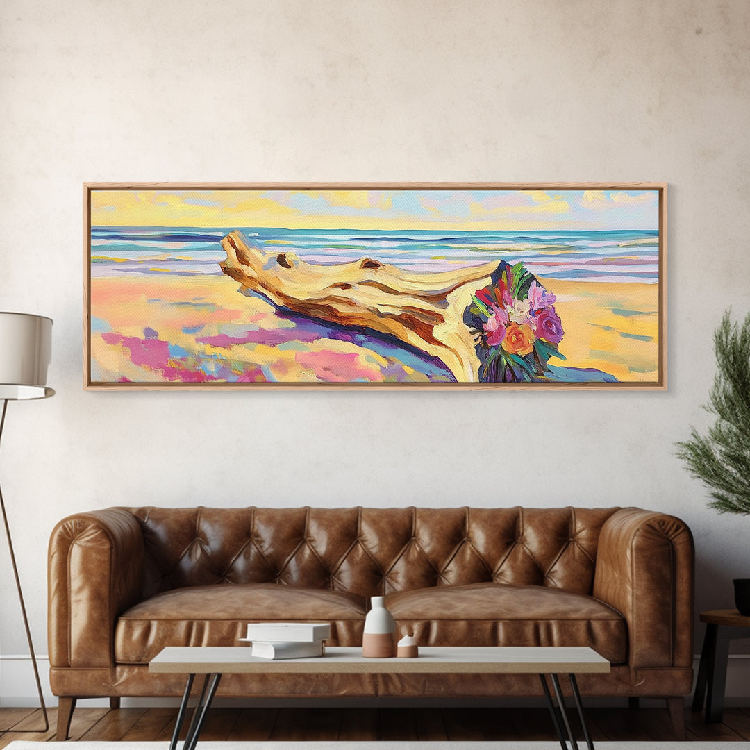 Driftwood Bouquet On Sandy Beach Wall Art, Coastal Canvas Print, Ocean Landscape Decor, Beach House Living Room Wall Decor Gift For Her