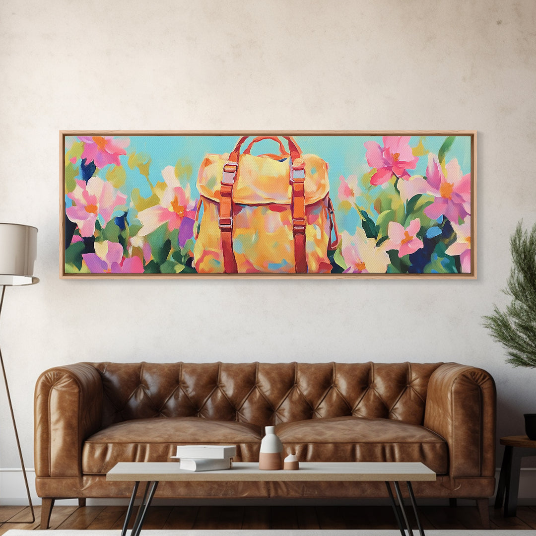 Sunlit Yellow Backpack In Blooming Garden Wall Art, Whimsical Canvas Print For Travel Decor Girls Room Decor And Gift For Her