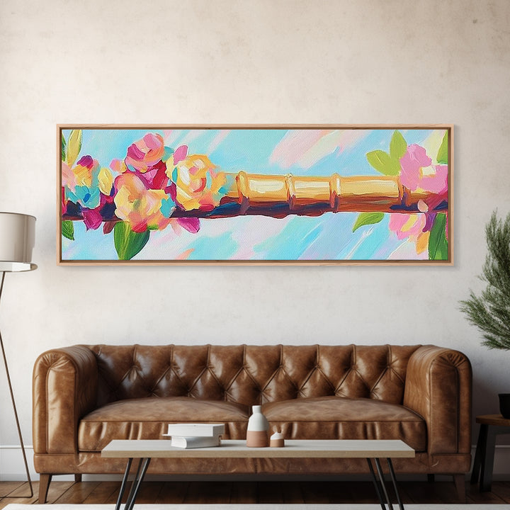 Pink Flowers On Gold Bamboo Rod Canvas Print, Feminine Wall Art, Floral Wall Decor, Chinoiserie Inspired Home Decor Gift