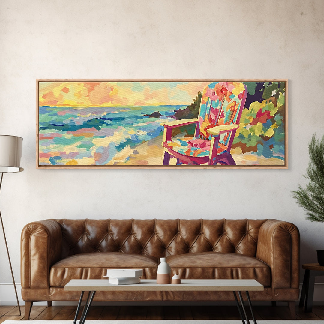 Colorful Beach Chair By Ocean Sunset Wall Art, Coastal Living Room Decor, Beach House Canvas Print, Summer Seascape Gift