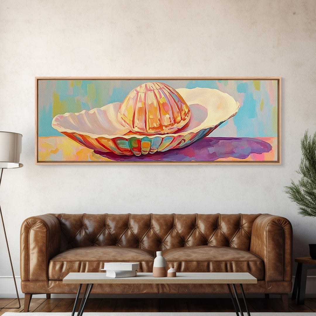 Pastel Seashells On Painted Plate Canvas Print, Coastal Wall Art, Beach House Decor, Ocean Art Print, Bathroom Wall Decor