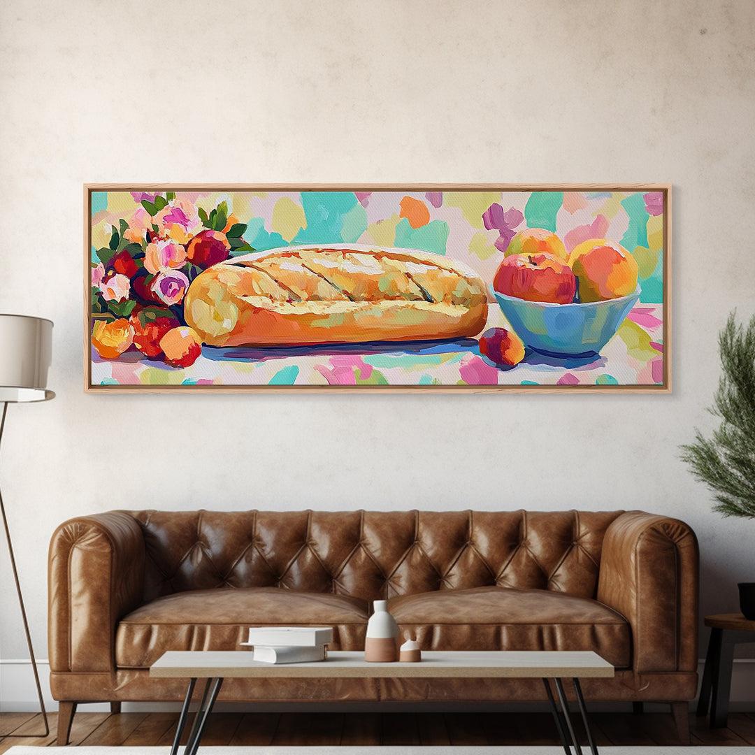 Crusty Bread With Apples And Flowers Wall Art, Rustic Kitchen Decor, Bakery Art Print, Farmhouse Decor, Dining Room Prints