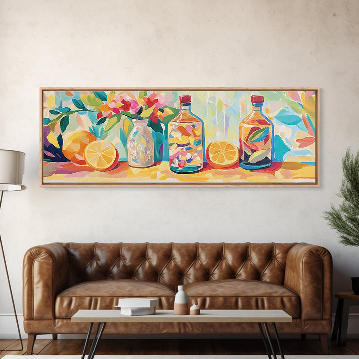 Lemon Bottles And Pink Flowers Framed Canvas Print, Kitchen Wall Art, Colorful Still Life, Modern Dining Room Decor, Housewarming Gift