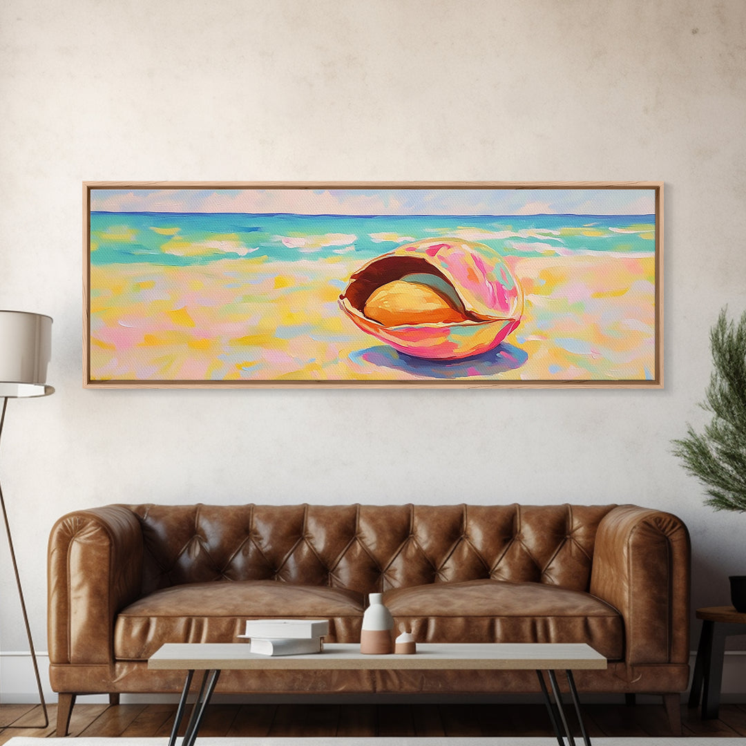 Pink Seashell On Beach Canvas Print, Coastal Wall Art, Ocean Painting, Beach House Decor, Nautical Living Room Print Gift