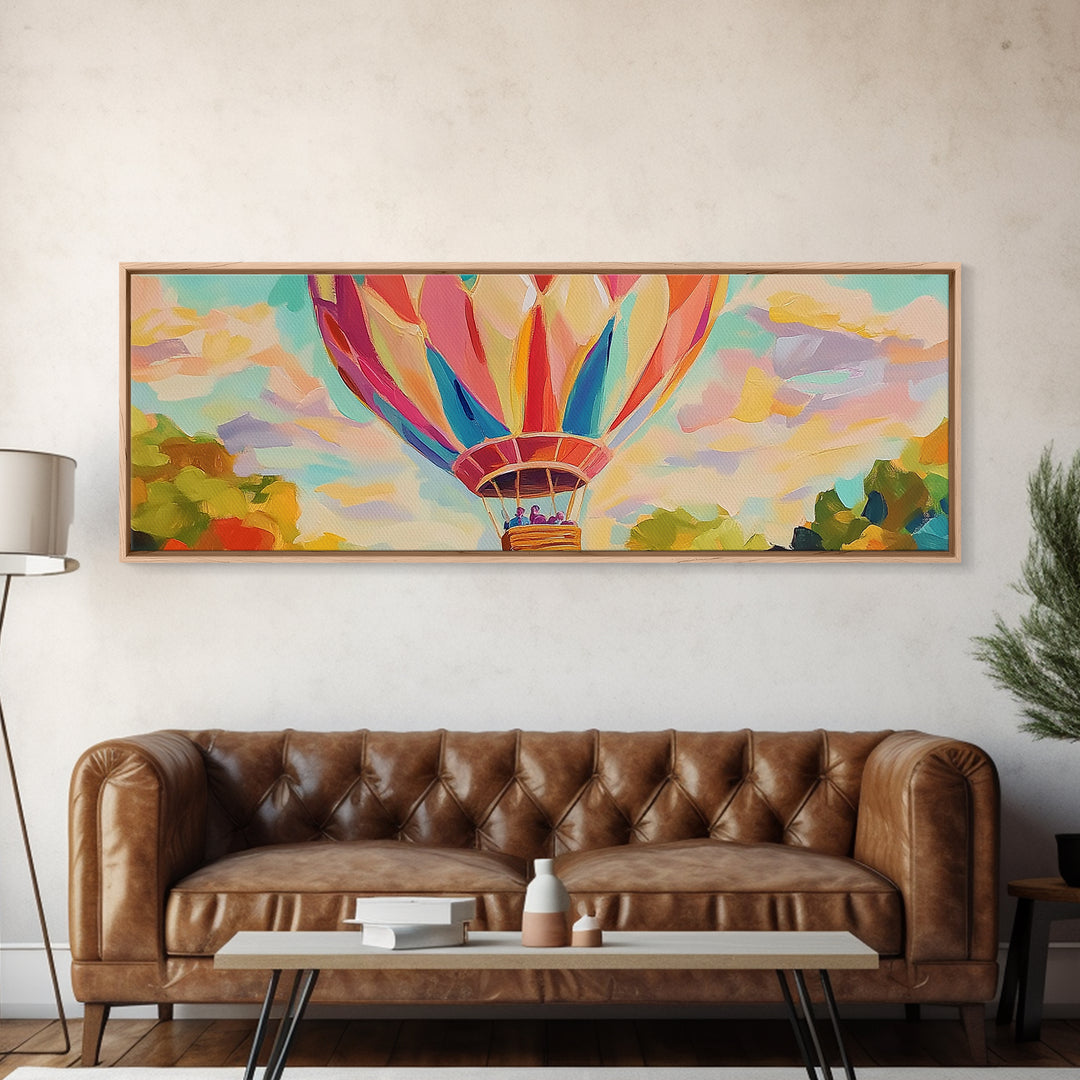 Pastel Hot Air Balloon Wall Art, Whimsical Landscape Painting, Nursery Decor, Kids Room Wall Decor, Framed Canvas Print Gift
