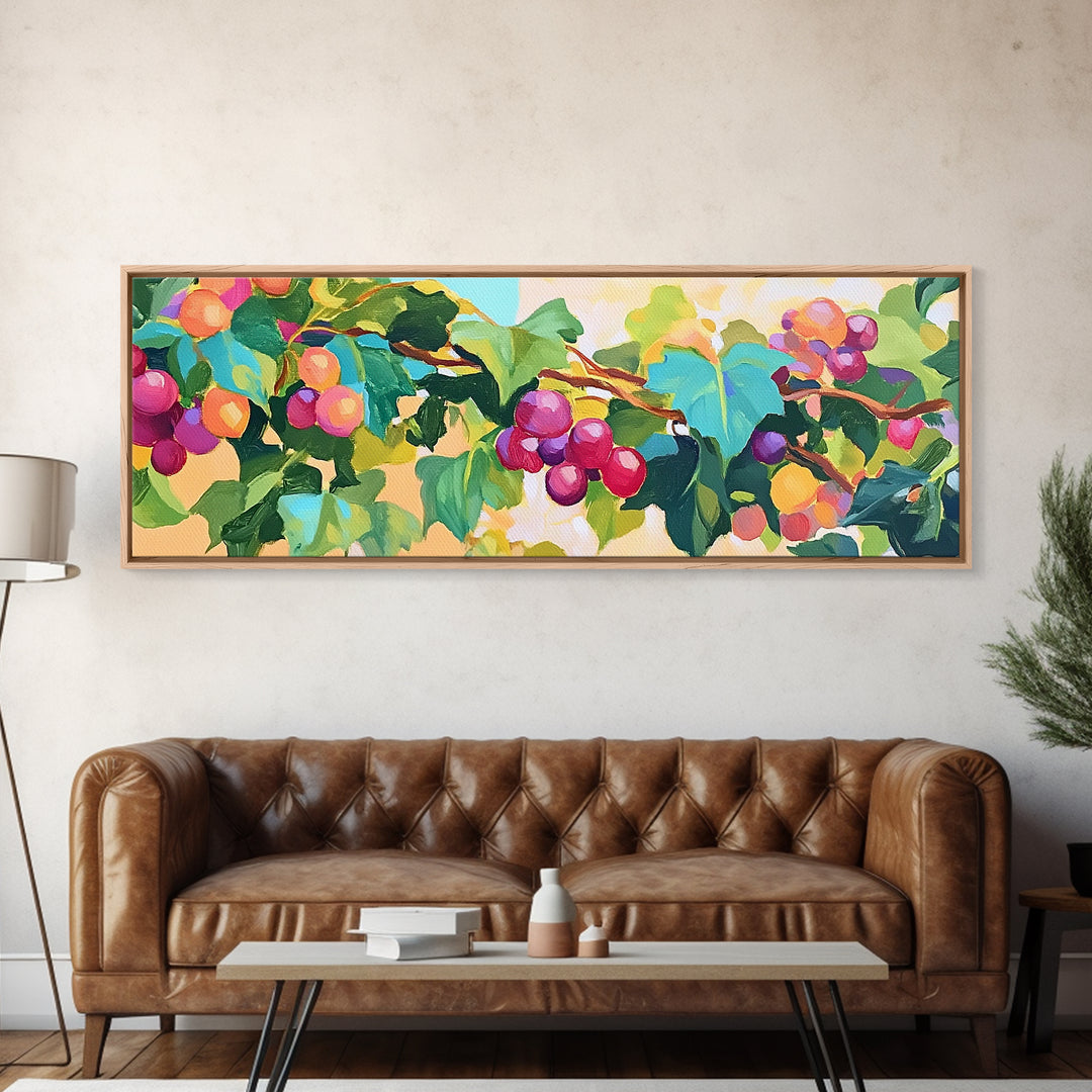 Sunlit Grapevine With Purple Grapes Canvas Print, Vineyard Wall Art, Kitchen Decor, Winery Gift, Dining Room Print, Colorful Nature Art