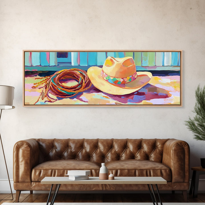 Western Cowboy Hat And Lasso On Sunlit Porch Wall Art, Rustic Western Decor, Farmhouse Canvas Print For Man Cave Home Decor Gift