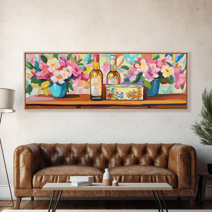 Wine Bottles And Pink Flowers Canvas Print, French Country Kitchen Decor, Winery Wall Art, Dining Room Prints, Gift For Her