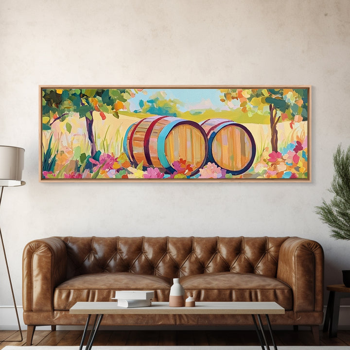 Sunny Vineyard Wine Barrels Framed Canvas Print, Wine Country Art, Rustic Wall Art, Winery Decor, Housewarming Gift Idea