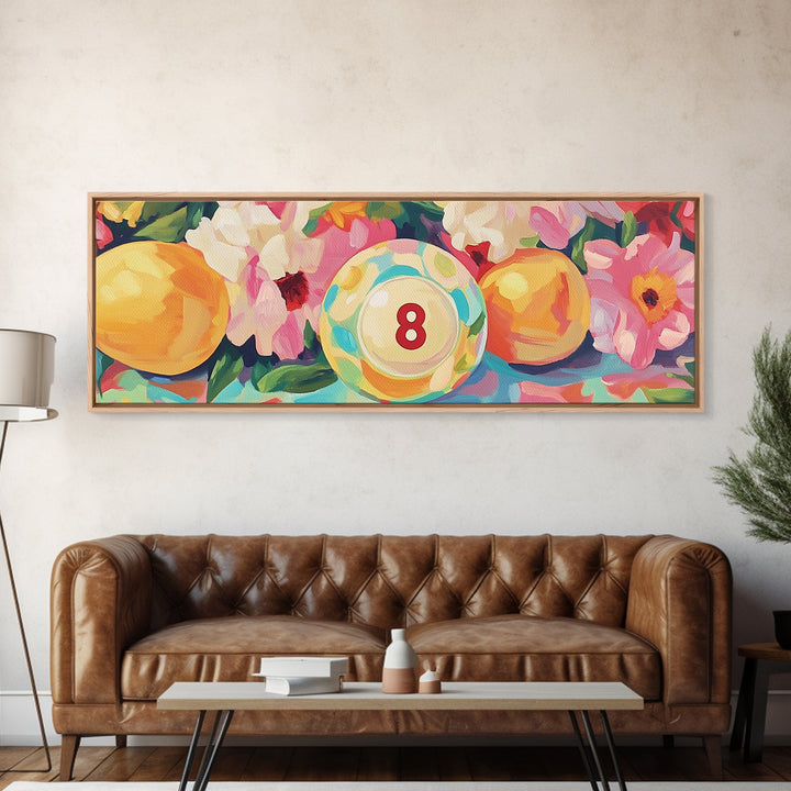 Pool Eight Ball With Pink Flowers Canvas Print, Retro Game Room Art, Billiards Wall Art, Man Cave Decor, Gift For Him Poster