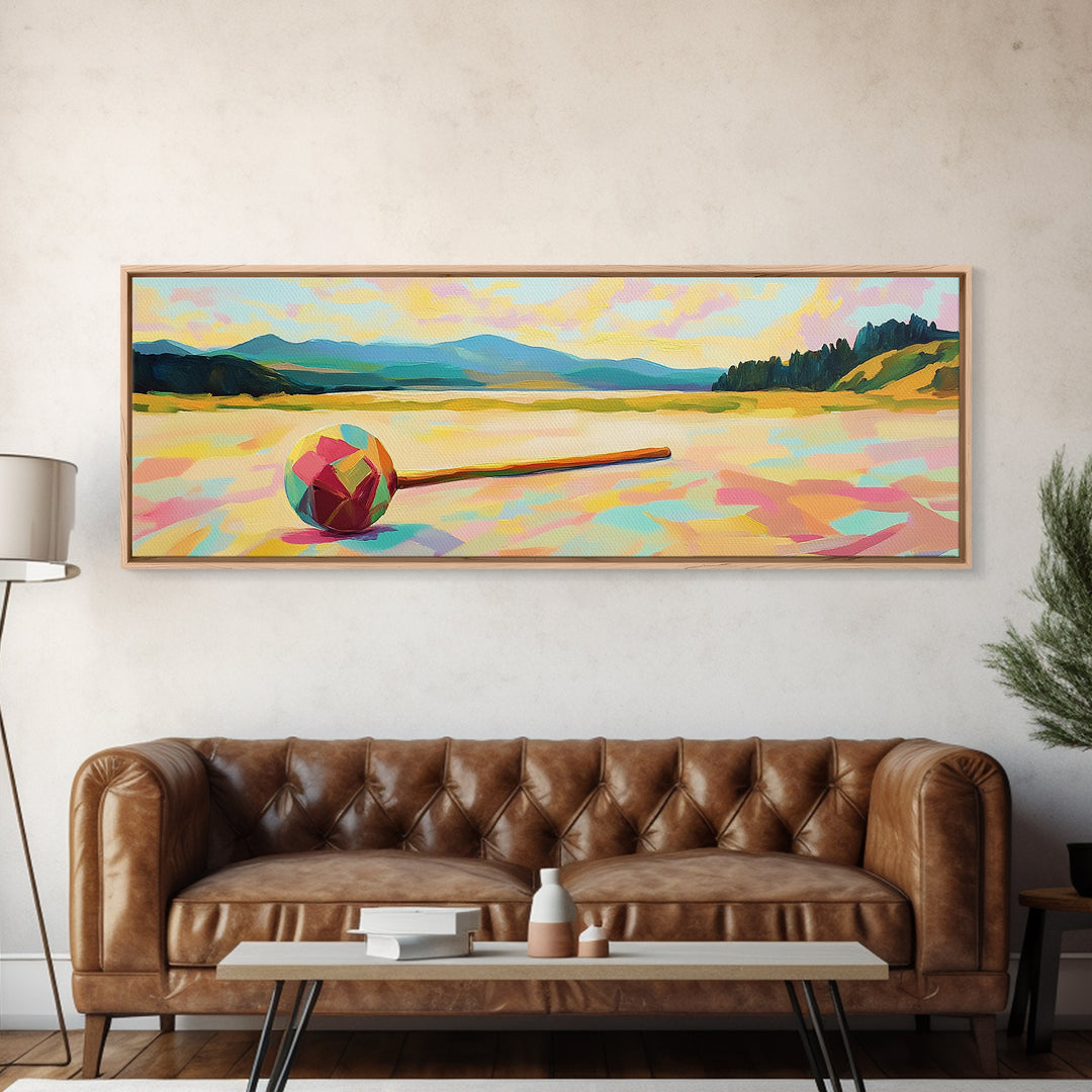 Colorful Croquet Ball And Mallet Landscape Canvas Print, Lake House Wall Decor, Summer Game Room Art, Rustic Cabin Gift Idea