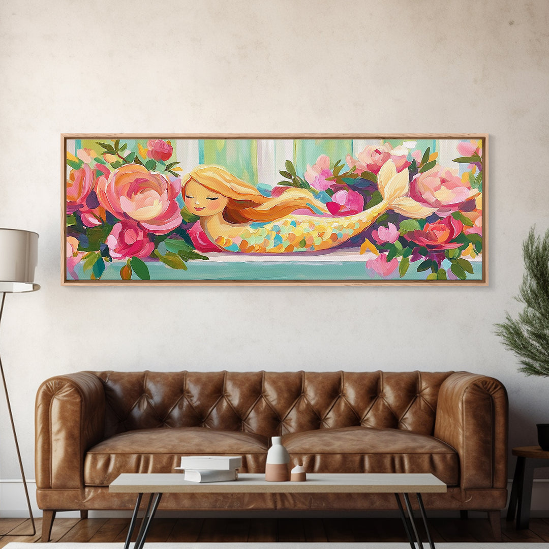 Sleeping Mermaid In Rose Garden Canvas Print, Whimsical Floral Wall Art, Girls Room Decor, Nursery Wall Art, Fantasy Gift