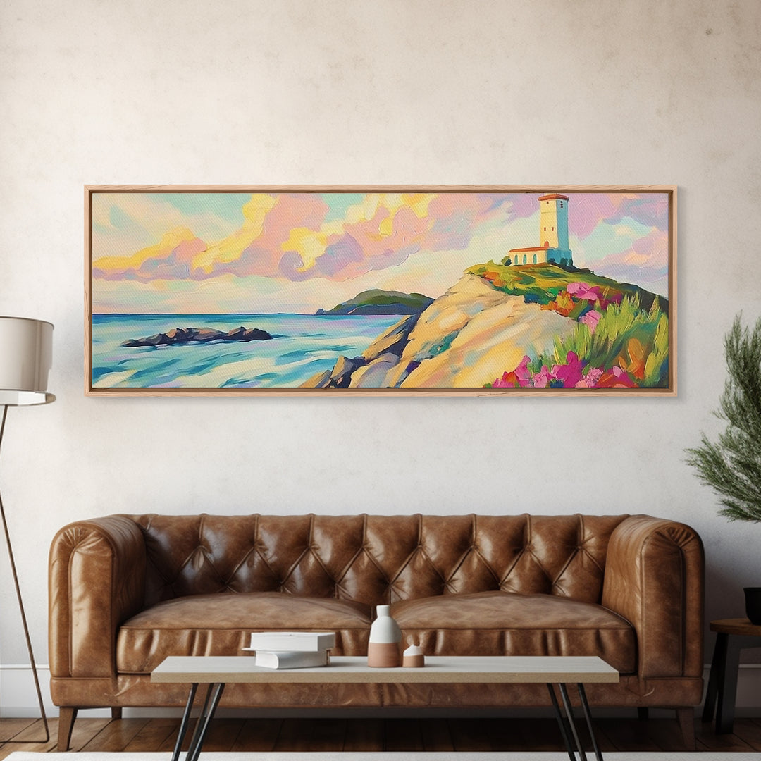 Pastel Lighthouse On Rocky Coast Canvas Print, Coastal Wall Art, Beach House Decor, Ocean Landscape, Nautical Living Room Art