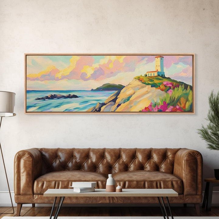 Pastel Lighthouse On Rocky Coast Canvas Print, Coastal Wall Art, Beach House Decor, Ocean Landscape, Nautical Living Room Art