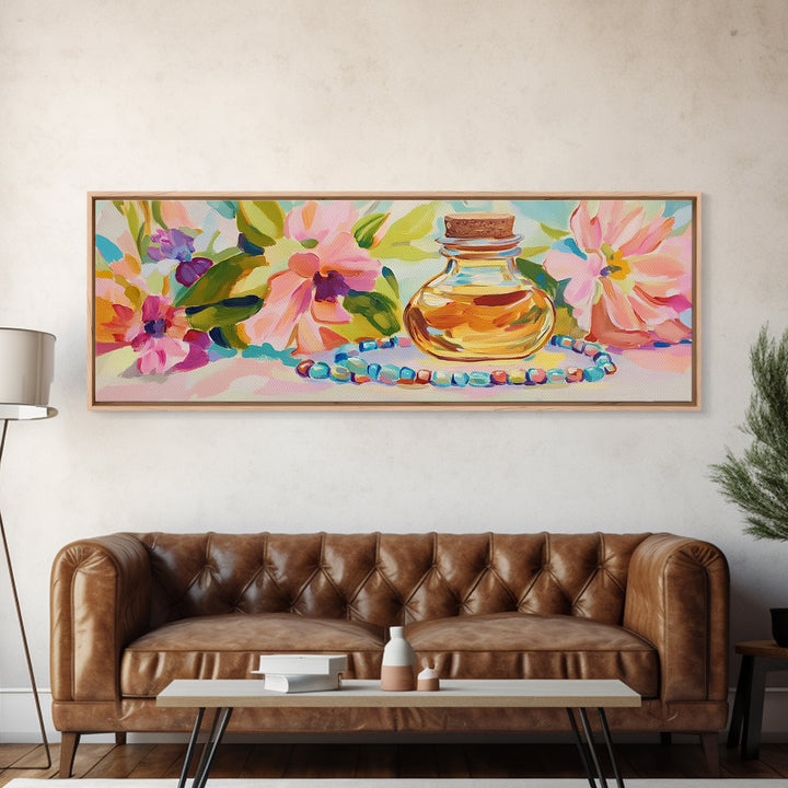 Perfume Bottle And Floral Beads Canvas Print, Feminine Wall Art, Pink Floral Home Decor, Girly Bedroom Decor Gift For Her