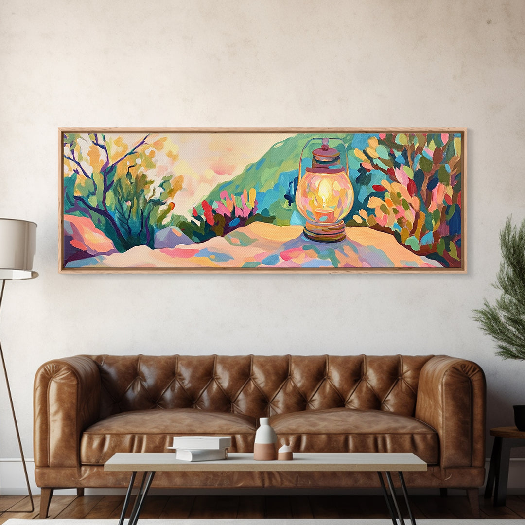 Glowing Lantern Mountain Landscape Canvas Print, Cozy Wall Art, Rustic Nature Decor, Cabin Living Room Art Print Housewarming Gift