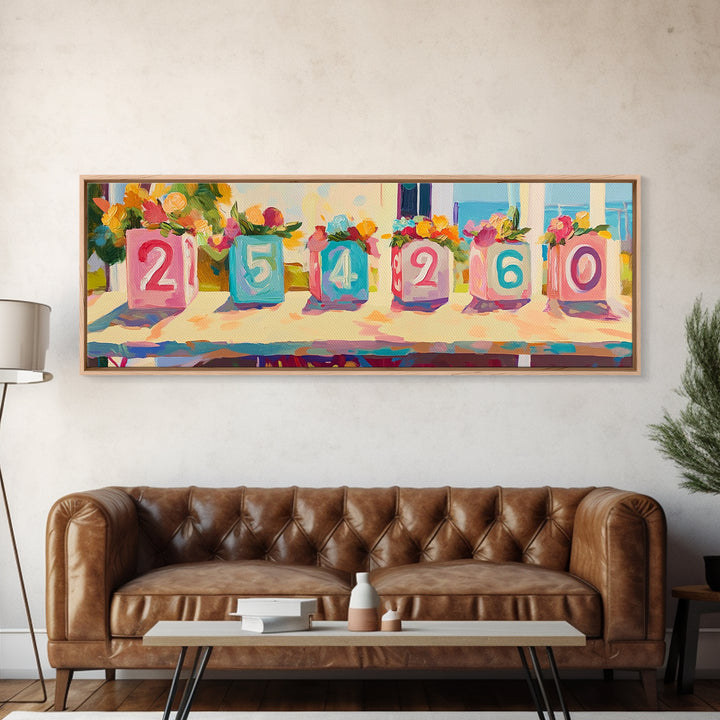 Colorful Number Blocks And Flowers Canvas Print, Nursery Wall Art, Kids Room Decor, Playroom Art, Pastel Baby Shower Gift