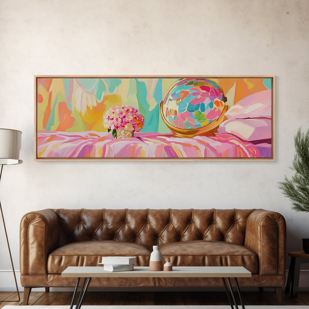Pastel Vanity Globe And Pink Bouquet Framed Canvas Print, Girly Bedroom Wall Art, Coquette Room Decor, Gift For Her, Aesthetic Wall Art