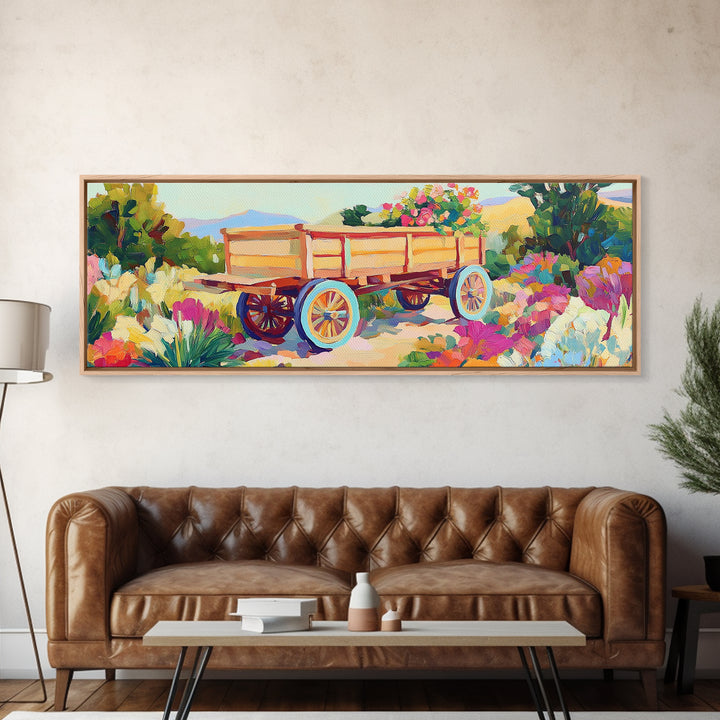 Wooden Garden Wagon In Blooming Desert Wall Art, Rustic Farmhouse Decor, Country Landscape Art Print, Housewarming Gift For New Home