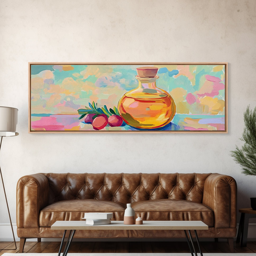Golden Olive Oil Bottle And Olives Canvas Print, Mediterranean Kitchen Wall Art, Foodie Gift, Still Life Home Decor, Art For Kitchen
