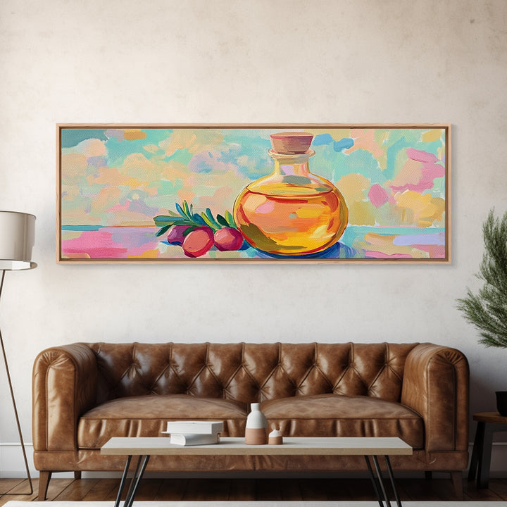 Golden Olive Oil Bottle And Olives Canvas Print, Mediterranean Kitchen Wall Art, Foodie Gift, Still Life Home Decor, Art For Kitchen