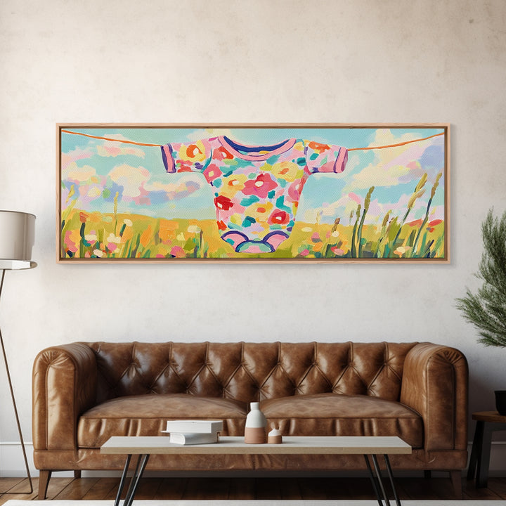 Floral Baby Onesie On Clothesline Wall Art, Nursery Wall Art For Baby Girl Room Decor, Baby Shower Gift, Kids Room Decor