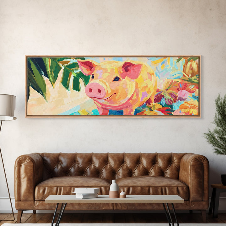 Smiling Pink Pig With Tropical Flowers Canvas Print, Whimsical Animal Wall Art, Farm Animal Nursery Decor, Cute Home Decor